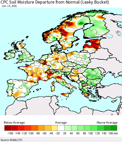 Europe CPC Soil Moisture Departure from Normal (Leaky Bucket) Thematic Map For 6/11/2021 - 6/15/2021