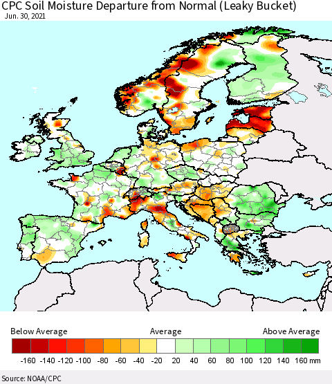 Europe CPC Soil Moisture Departure from Normal (Leaky Bucket) Thematic Map For 6/26/2021 - 6/30/2021