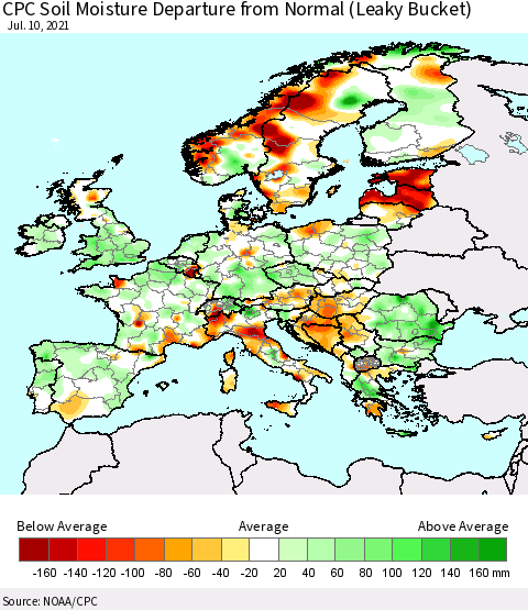 Europe CPC Soil Moisture Departure from Normal (Leaky Bucket) Thematic Map For 7/6/2021 - 7/10/2021