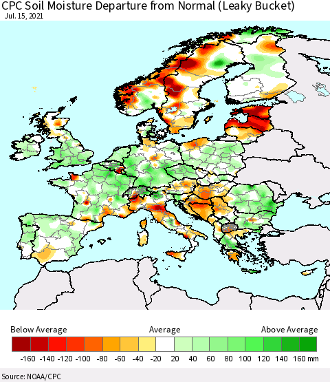 Europe CPC Soil Moisture Departure from Normal (Leaky Bucket) Thematic Map For 7/11/2021 - 7/15/2021