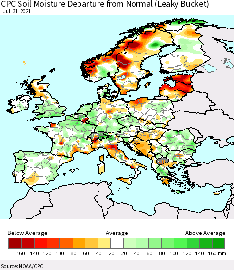 Europe CPC Soil Moisture Departure from Normal (Leaky Bucket) Thematic Map For 7/26/2021 - 7/31/2021
