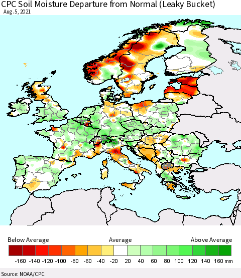 Europe CPC Soil Moisture Departure from Normal (Leaky Bucket) Thematic Map For 8/1/2021 - 8/5/2021