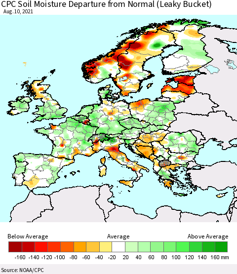 Europe CPC Soil Moisture Departure from Normal (Leaky Bucket) Thematic Map For 8/6/2021 - 8/10/2021
