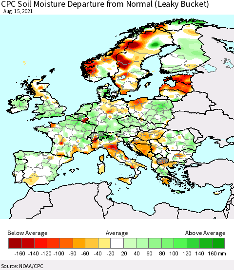 Europe CPC Soil Moisture Departure from Normal (Leaky Bucket) Thematic Map For 8/11/2021 - 8/15/2021