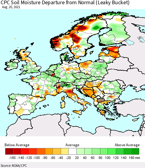 Europe CPC Soil Moisture Departure from Normal (Leaky Bucket) Thematic Map For 8/16/2021 - 8/20/2021