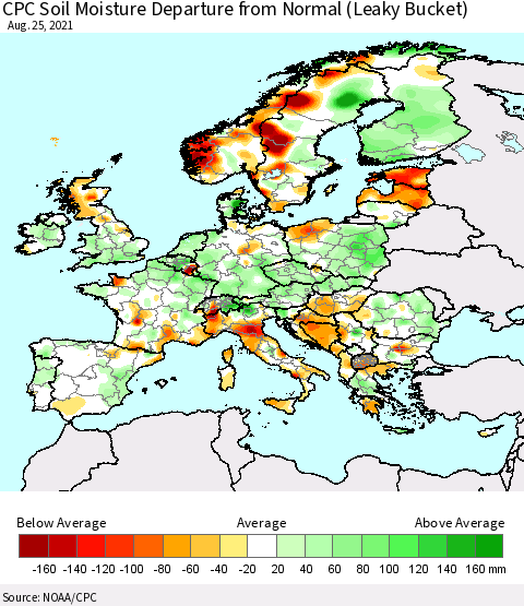 Europe CPC Soil Moisture Departure from Normal (Leaky Bucket) Thematic Map For 8/21/2021 - 8/25/2021