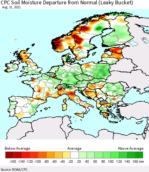 Europe CPC Soil Moisture Departure from Normal (Leaky Bucket) Thematic Map For 8/26/2021 - 8/31/2021