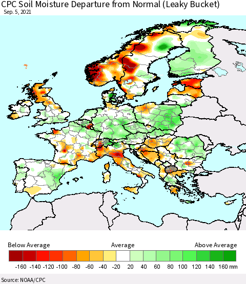 Europe CPC Soil Moisture Departure from Normal (Leaky Bucket) Thematic Map For 9/1/2021 - 9/5/2021