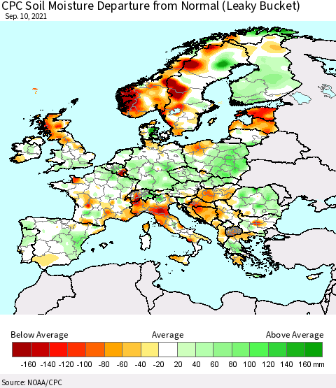 Europe CPC Soil Moisture Departure from Normal (Leaky Bucket) Thematic Map For 9/6/2021 - 9/10/2021