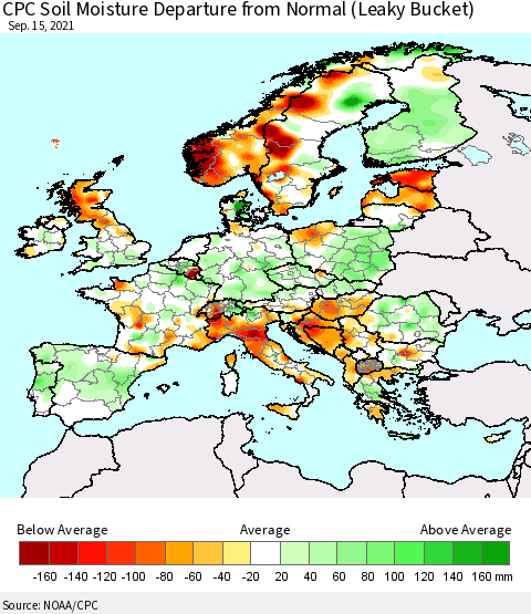 Europe CPC Soil Moisture Departure from Normal (Leaky Bucket) Thematic Map For 9/11/2021 - 9/15/2021