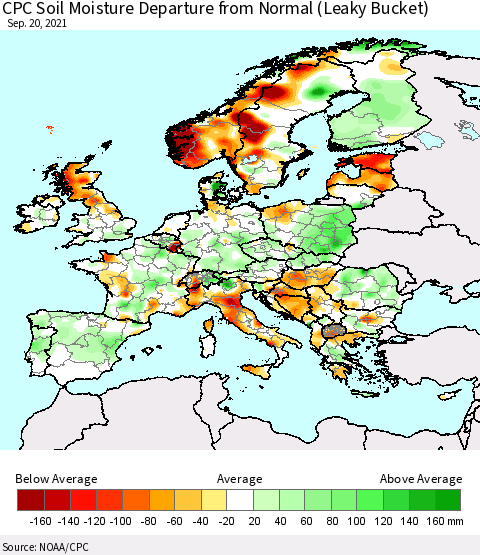 Europe CPC Soil Moisture Departure from Normal (Leaky Bucket) Thematic Map For 9/16/2021 - 9/20/2021