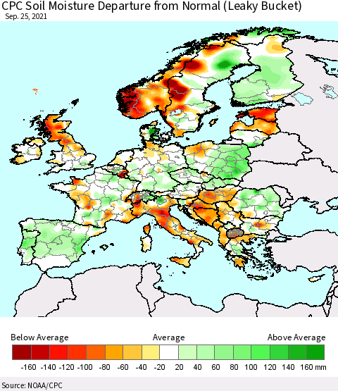 Europe CPC Soil Moisture Departure from Normal (Leaky Bucket) Thematic Map For 9/21/2021 - 9/25/2021