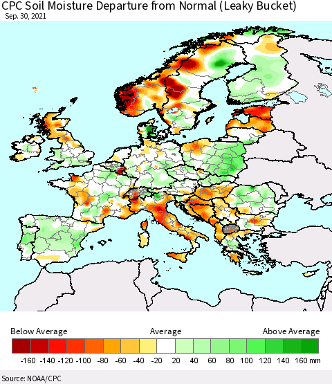 Europe CPC Soil Moisture Departure from Normal (Leaky Bucket) Thematic Map For 9/26/2021 - 9/30/2021