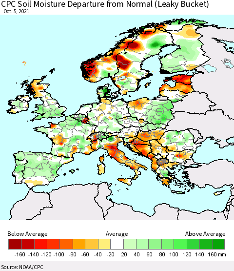 Europe CPC Soil Moisture Departure from Normal (Leaky Bucket) Thematic Map For 10/1/2021 - 10/5/2021