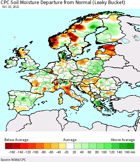 Europe CPC Soil Moisture Departure from Normal (Leaky Bucket) Thematic Map For 10/6/2021 - 10/10/2021