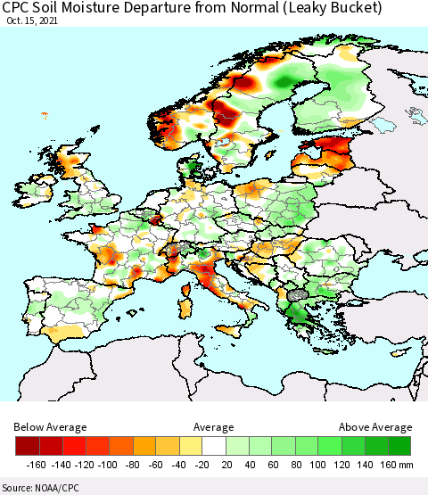 Europe CPC Soil Moisture Departure from Normal (Leaky Bucket) Thematic Map For 10/11/2021 - 10/15/2021