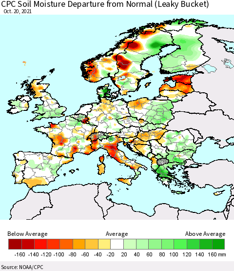 Europe CPC Soil Moisture Departure from Normal (Leaky Bucket) Thematic Map For 10/16/2021 - 10/20/2021