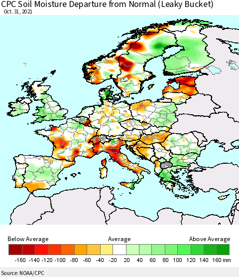 Europe CPC Soil Moisture Departure from Normal (Leaky Bucket) Thematic Map For 10/26/2021 - 10/31/2021