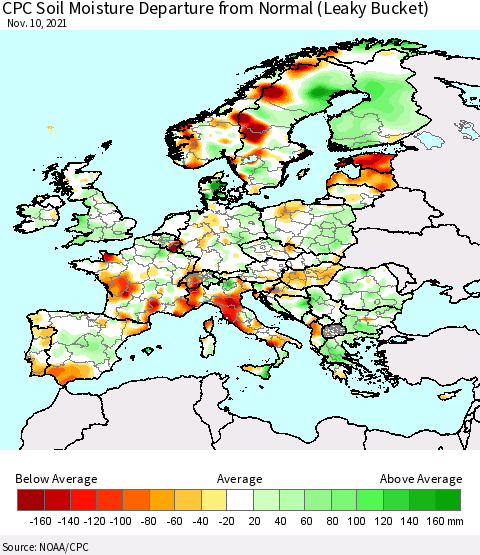 Europe CPC Soil Moisture Departure from Normal (Leaky Bucket) Thematic Map For 11/6/2021 - 11/10/2021