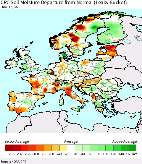 Europe CPC Soil Moisture Departure from Normal (Leaky Bucket) Thematic Map For 11/11/2021 - 11/15/2021