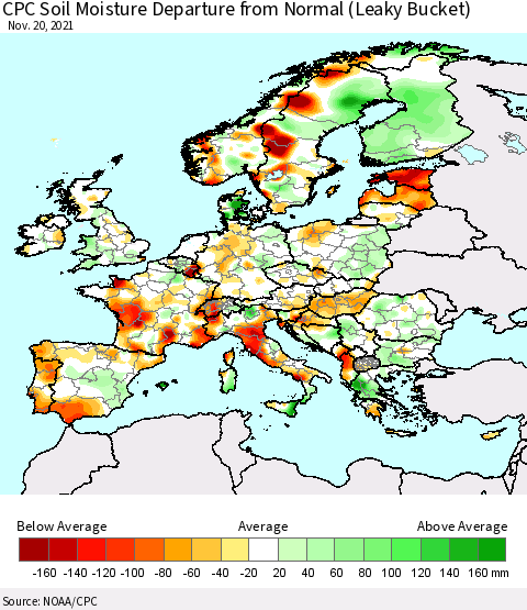 Europe CPC Soil Moisture Departure from Normal (Leaky Bucket) Thematic Map For 11/16/2021 - 11/20/2021