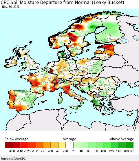 Europe CPC Soil Moisture Departure from Normal (Leaky Bucket) Thematic Map For 11/26/2021 - 11/30/2021