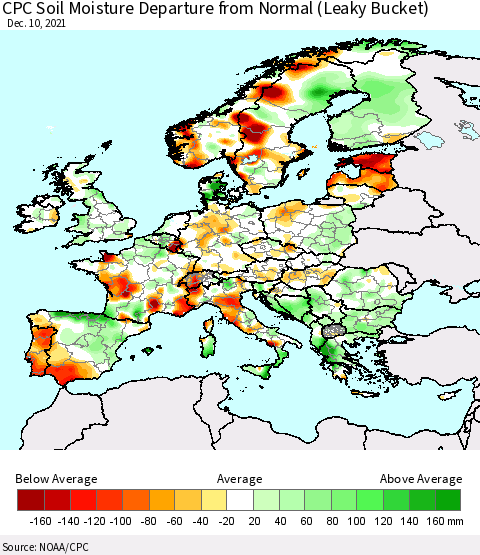Europe CPC Soil Moisture Departure from Normal (Leaky Bucket) Thematic Map For 12/6/2021 - 12/10/2021
