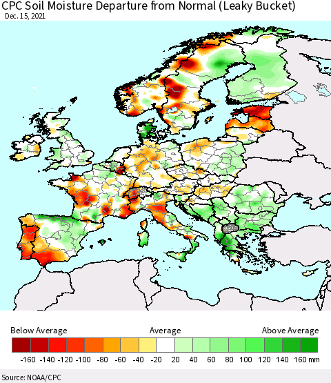Europe CPC Soil Moisture Departure from Normal (Leaky Bucket) Thematic Map For 12/11/2021 - 12/15/2021