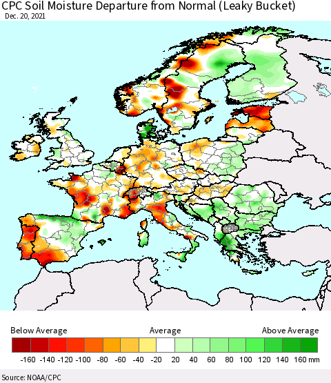 Europe CPC Soil Moisture Departure from Normal (Leaky Bucket) Thematic Map For 12/16/2021 - 12/20/2021