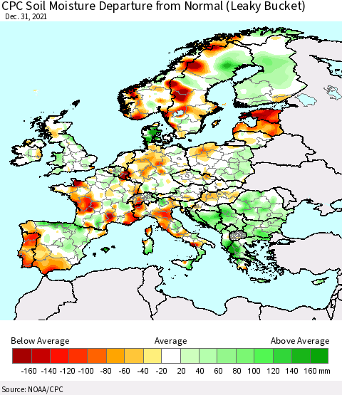 Europe CPC Soil Moisture Departure from Normal (Leaky Bucket) Thematic Map For 12/26/2021 - 12/31/2021