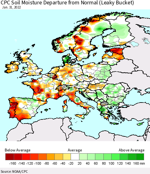 Europe CPC Soil Moisture Departure from Normal (Leaky Bucket) Thematic Map For 1/26/2022 - 1/31/2022