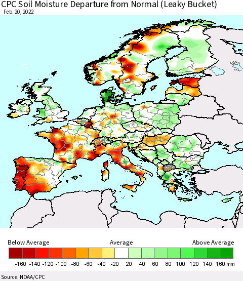 Europe CPC Soil Moisture Departure from Normal (Leaky Bucket) Thematic Map For 2/16/2022 - 2/20/2022