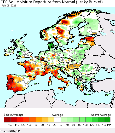 Europe CPC Soil Moisture Departure from Normal (Leaky Bucket) Thematic Map For 2/21/2022 - 2/25/2022