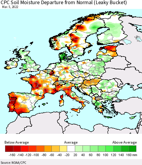 Europe CPC Soil Moisture Departure from Normal (Leaky Bucket) Thematic Map For 3/1/2022 - 3/5/2022