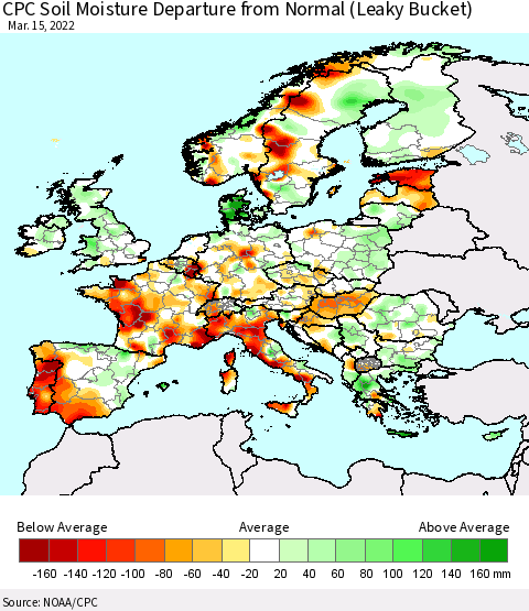Europe CPC Soil Moisture Departure from Normal (Leaky Bucket) Thematic Map For 3/11/2022 - 3/15/2022