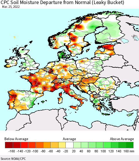 Europe CPC Soil Moisture Departure from Normal (Leaky Bucket) Thematic Map For 3/21/2022 - 3/25/2022