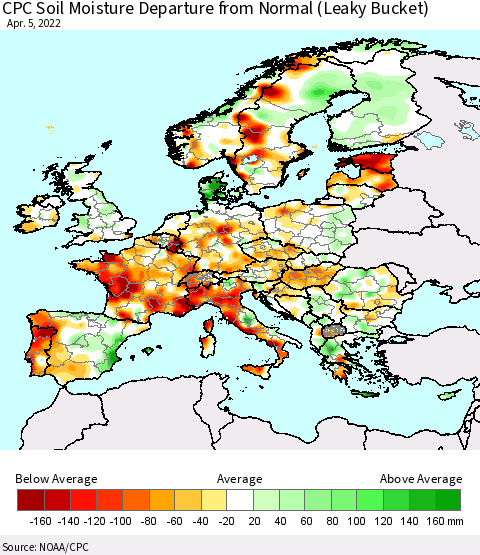 Europe CPC Soil Moisture Departure from Normal (Leaky Bucket) Thematic Map For 4/1/2022 - 4/5/2022