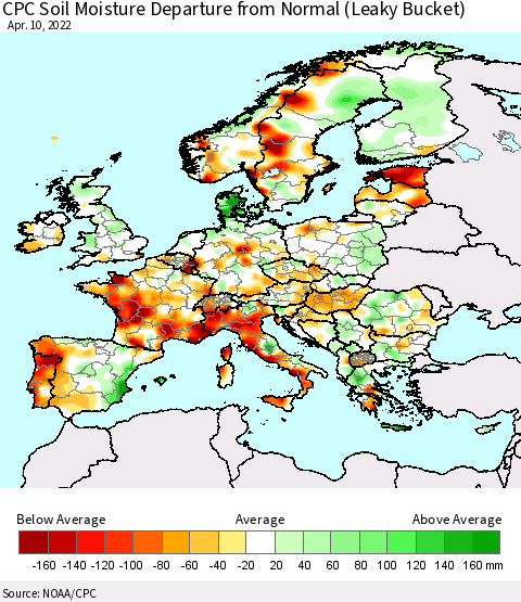 Europe CPC Soil Moisture Departure from Normal (Leaky Bucket) Thematic Map For 4/6/2022 - 4/10/2022