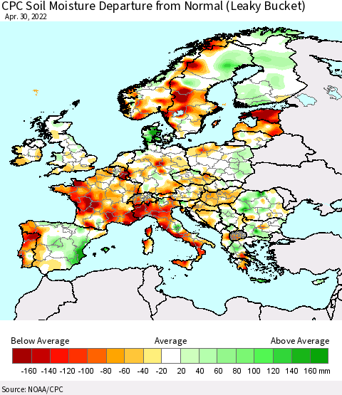Europe CPC Soil Moisture Departure from Normal (Leaky Bucket) Thematic Map For 4/26/2022 - 4/30/2022