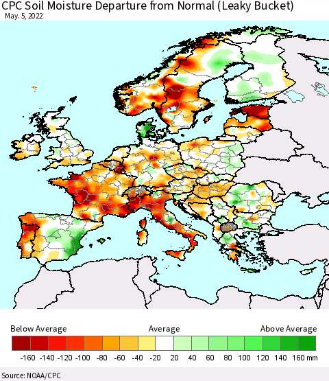 Europe CPC Soil Moisture Departure from Normal (Leaky Bucket) Thematic Map For 5/1/2022 - 5/5/2022