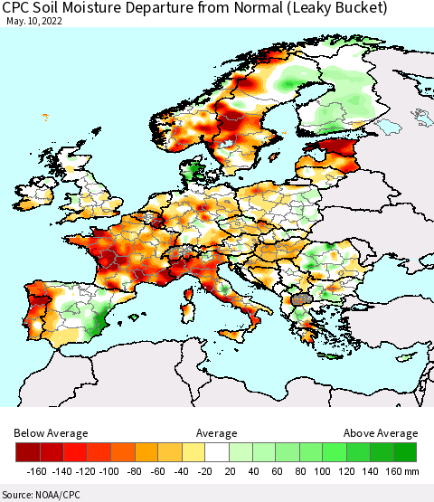 Europe CPC Soil Moisture Departure from Normal (Leaky Bucket) Thematic Map For 5/6/2022 - 5/10/2022