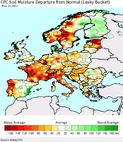 Europe CPC Soil Moisture Departure from Normal (Leaky Bucket) Thematic Map For 5/11/2022 - 5/15/2022