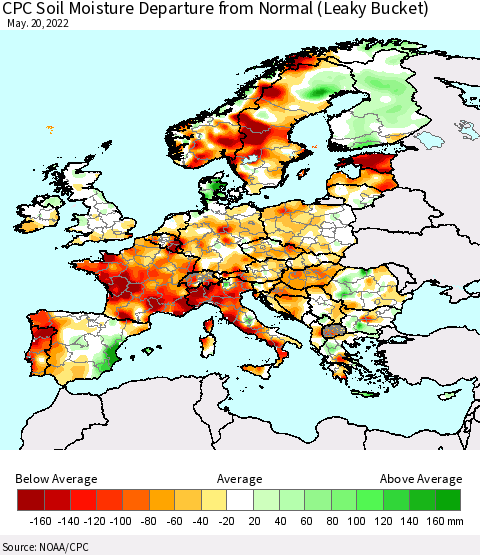 Europe CPC Soil Moisture Departure from Normal (Leaky Bucket) Thematic Map For 5/16/2022 - 5/20/2022