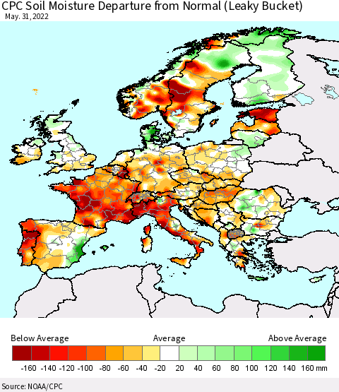 Europe CPC Soil Moisture Departure from Normal (Leaky Bucket) Thematic Map For 5/26/2022 - 5/31/2022