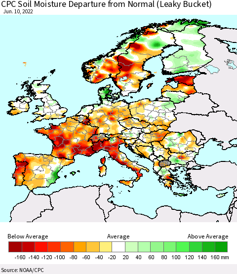 Europe CPC Soil Moisture Departure from Normal (Leaky Bucket) Thematic Map For 6/6/2022 - 6/10/2022