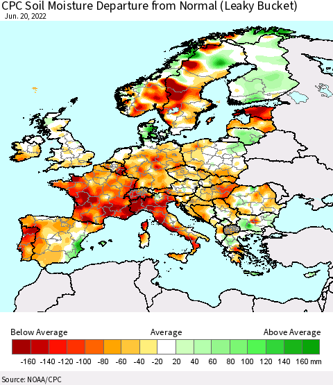 Europe CPC Soil Moisture Departure from Normal (Leaky Bucket) Thematic Map For 6/16/2022 - 6/20/2022