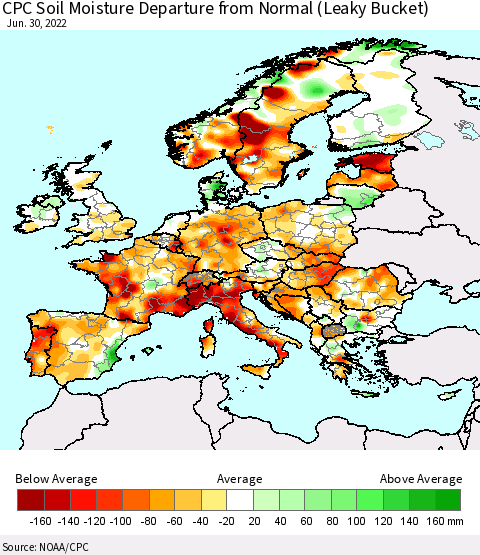 Europe CPC Soil Moisture Departure from Normal (Leaky Bucket) Thematic Map For 6/26/2022 - 6/30/2022