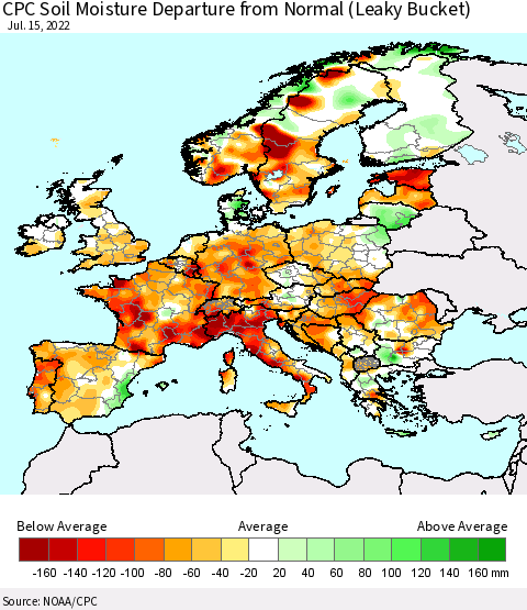 Europe CPC Soil Moisture Departure from Normal (Leaky Bucket) Thematic Map For 7/11/2022 - 7/15/2022
