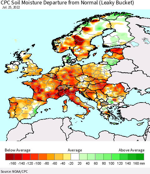Europe CPC Soil Moisture Departure from Normal (Leaky Bucket) Thematic Map For 7/21/2022 - 7/25/2022