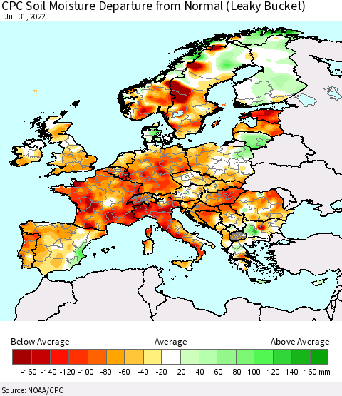 Europe CPC Soil Moisture Departure from Normal (Leaky Bucket) Thematic Map For 7/26/2022 - 7/31/2022
